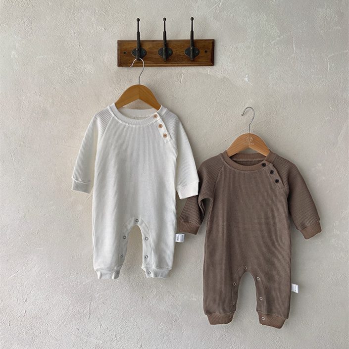 ins 秋新作　ベビー服　ワッフル　ロンパース　無地　ロング　カバーオール　可愛い　長袖　子供服　新生児