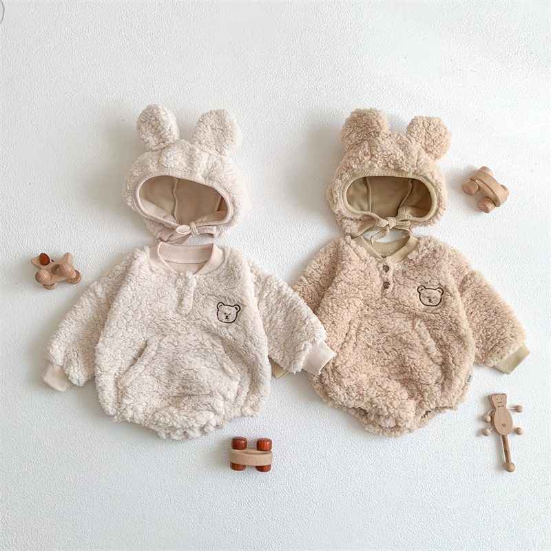 ins 秋冬新作　ベビー服　ボア　ロンパース　ボンネット付き　クマ　可愛い　子供服　新生児　あったか