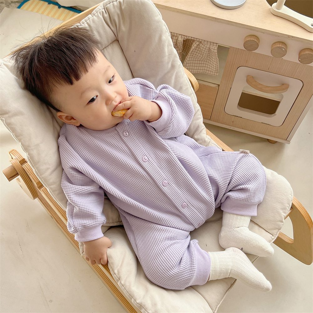 ins 秋新作 ベビー服 ワッフル ロンパース 無地 ロング カバーオール 可愛い 出産祝い 子供服