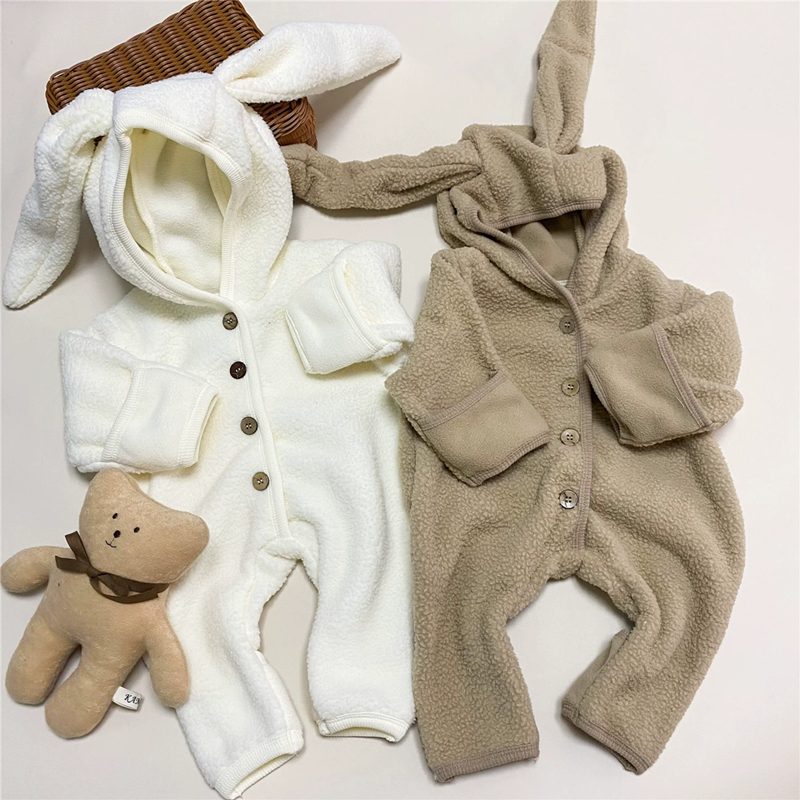 ins　秋冬新作　ベビー服　ボア　ロンパース　無地　カバーオール　可愛い　ウサギ耳　子供服　新生児