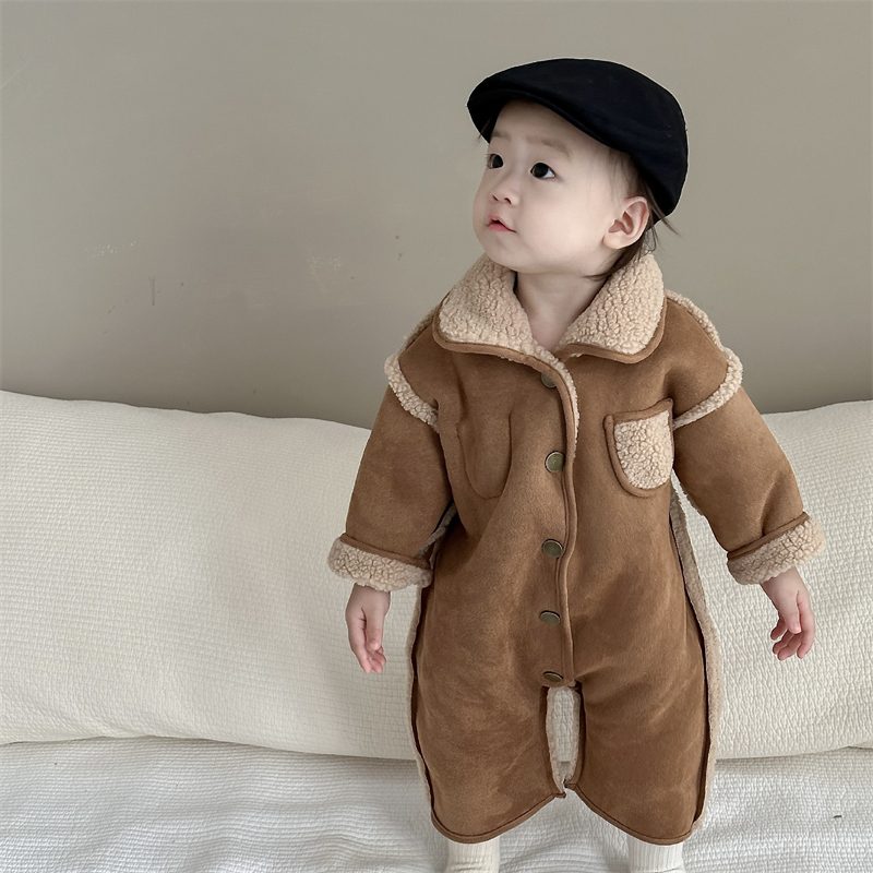ins　秋冬新作　ベビー服　スエード　裏ボア　ロンパース　防寒　リバーシブル　レトロ　子供服　あったか