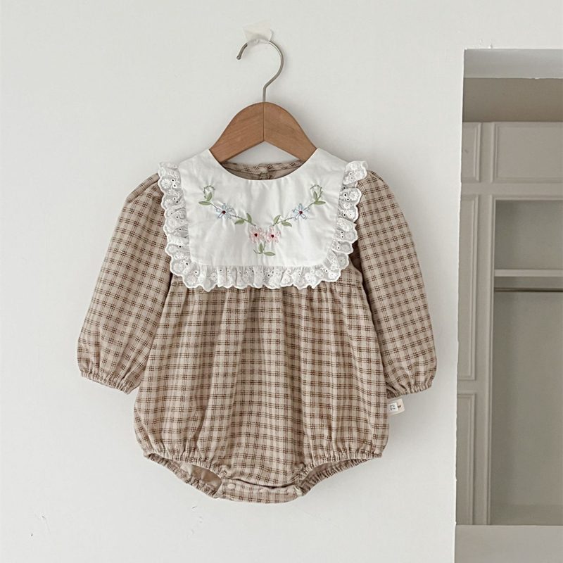 ins 秋新作 ベビー服 刺繍花柄 ロンパース チェック柄 カバーオール 可愛い 子供服 女児 おしゃれ