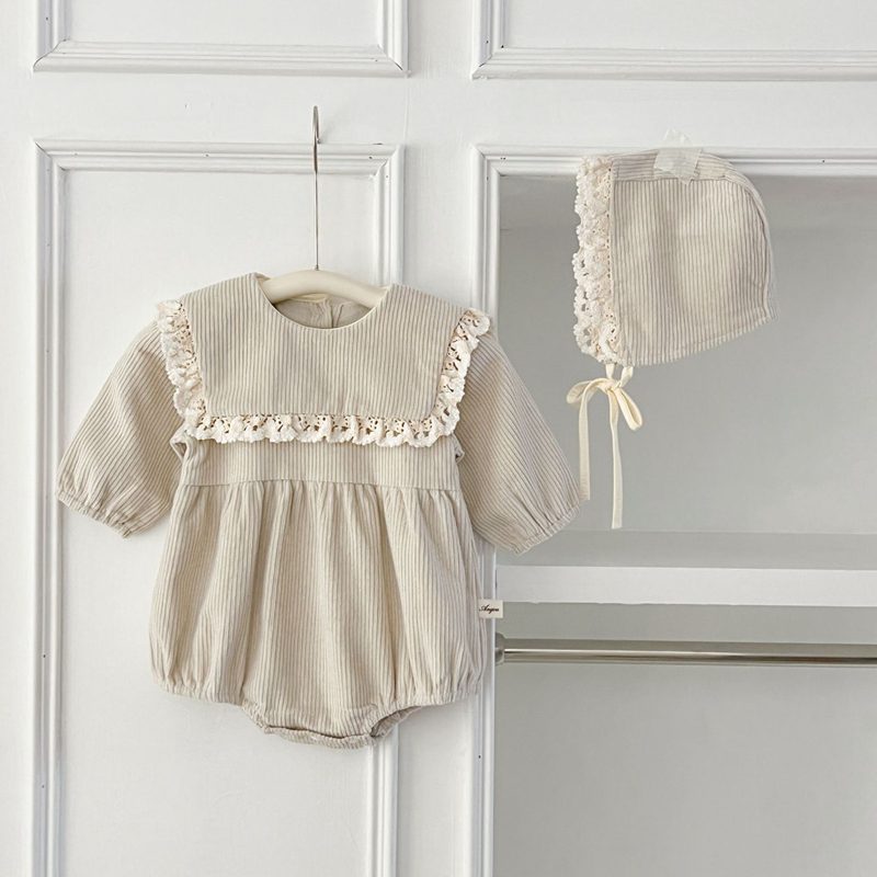 ins 秋新作　ベビー服　コーデュロイ　ロンパース　レース　ボンネット付き　カバーオール　可愛い　子供服