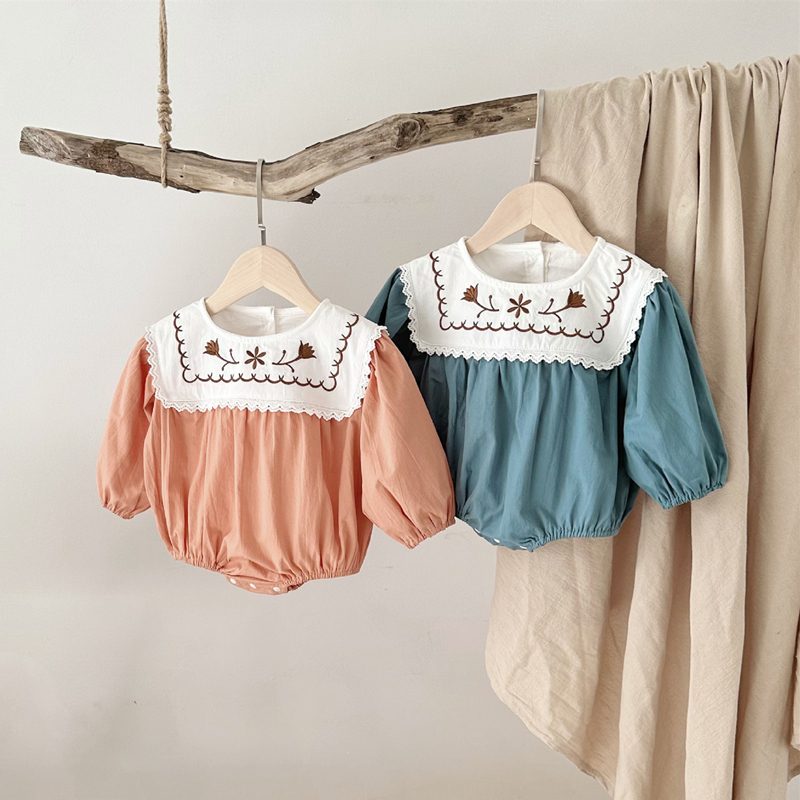 ins 秋新作　ベビー服　刺繍　大きな襟　ロンパース　女の子　カバーオール　可愛い　子供服　切り替え