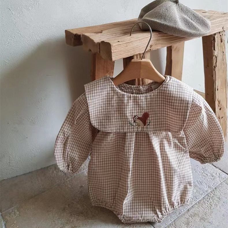 ins 秋新作　ベビー服　刺繍　大きな襟　ロンパース　女の子　カバーオール　可愛い　子供服　チェック柄