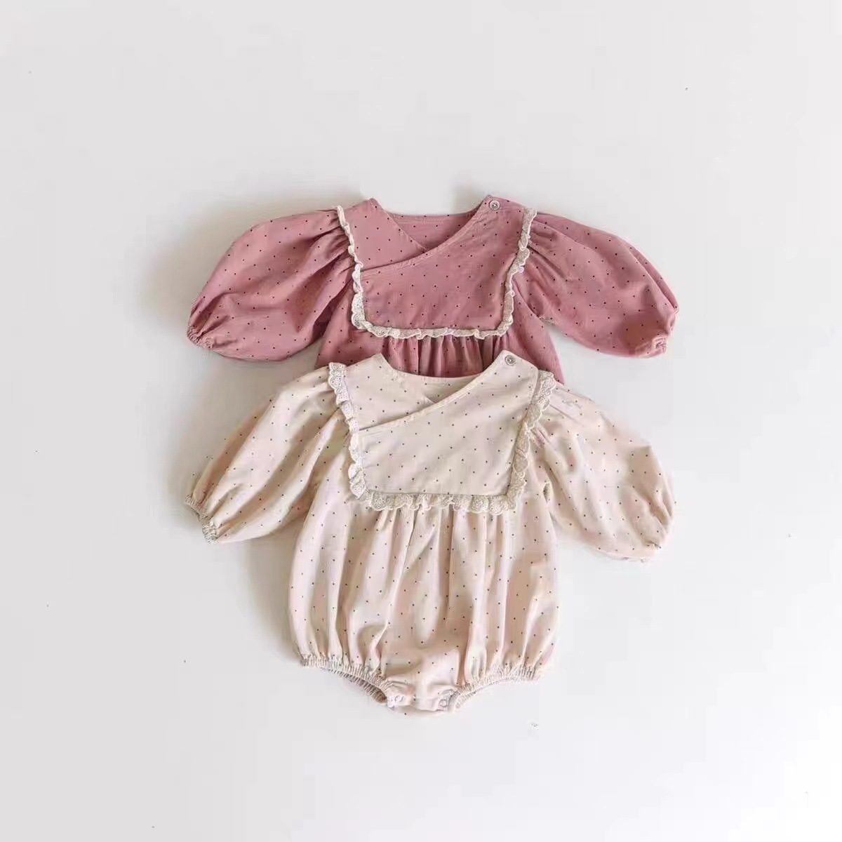 ins 秋新作　ベビー服　コーデュロイ　ロンパース　レース　ドット柄　カバーオール　可愛い　子供服