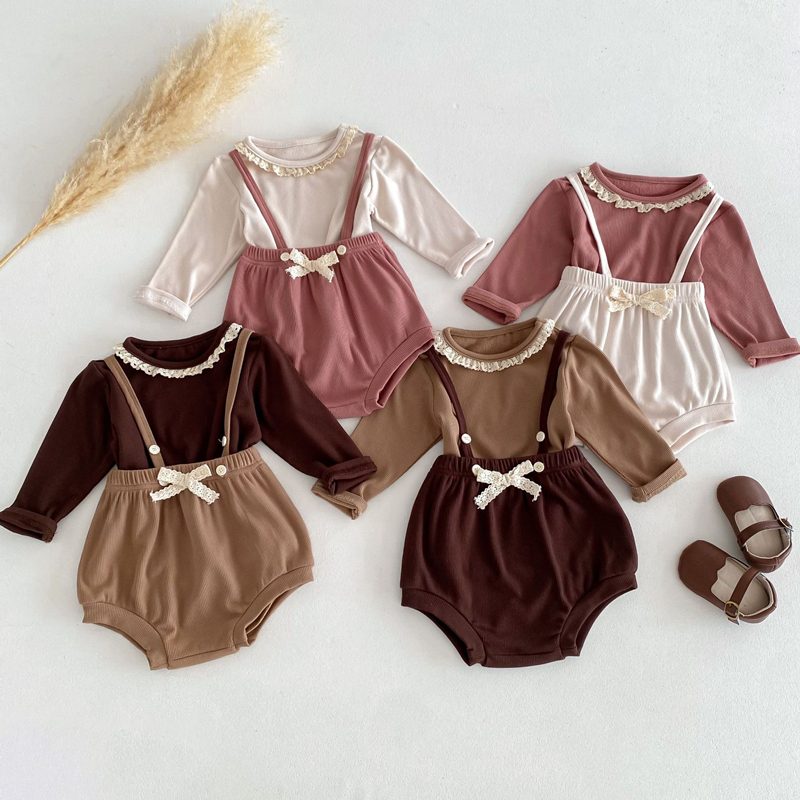 ins 秋新作　ベビー服　柔らか　ロンパース　リブ　吊りブルマー　可愛い　おしゃれ　レース　子供服