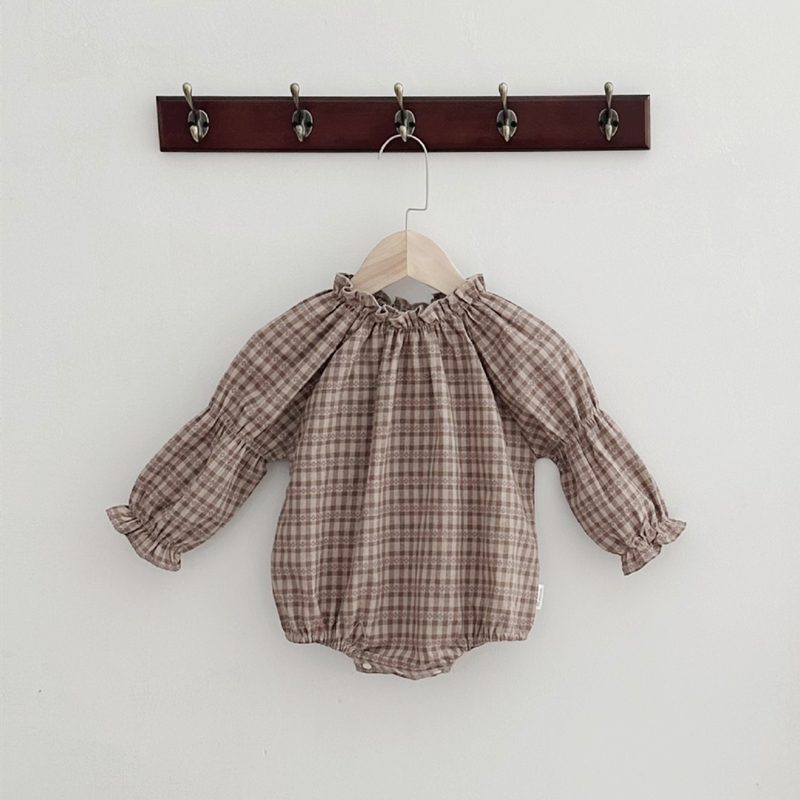 ins 秋新作　ベビー服　立ち襟　ロンパース　チェック柄　カバーオール　可愛い　子供服　女の子　おしゃれ