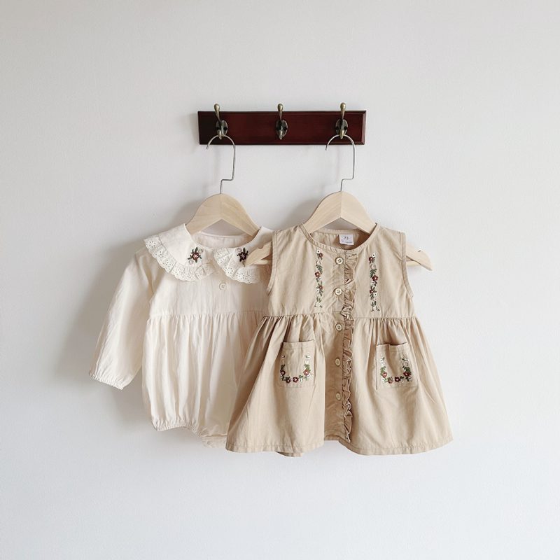 ins 秋新作　ベビー服　ロンパース　ワンピース　子供服　可愛い　おしゃれ　レース　刺繍　重ね着　女児