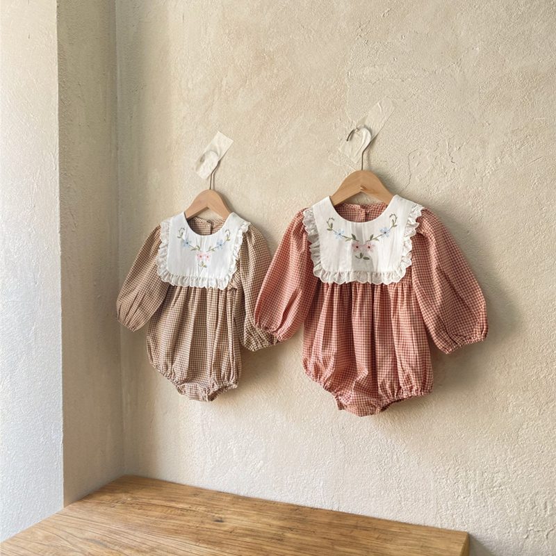 ins 秋新作 子供服 女の子 レース 森ガール ロンパース チェック柄 刺繍花柄 可愛い おしゃれ