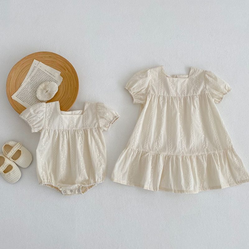 ins 夏新作　子供服　姉妹　お揃い　レース　ロンパース　ワンピース　刺繍　可愛い　選べる2タイプ　半袖