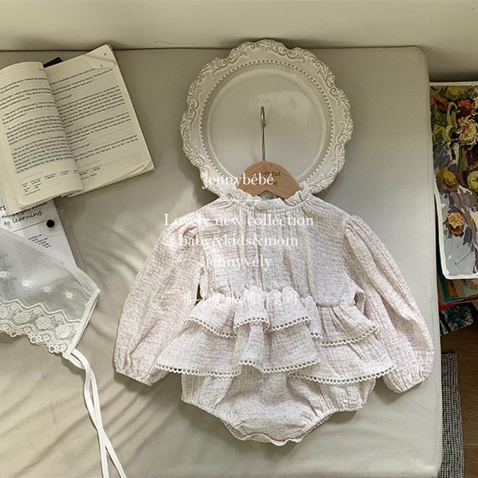 ins 秋新作 ベビー服 レース襟 花柄 ロンパース パフスリーブ 女の子 カバーオール 可愛い 子供服