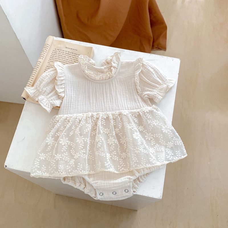 ins 夏新作 ベビー服 立ち襟 ロンパース パフスリーブ 半袖 女の子 カバーオール 可愛い 子供服