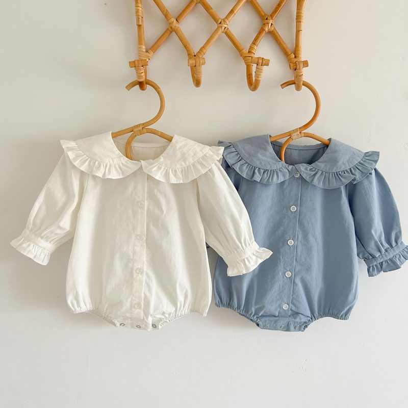 ins 秋新作　ベビー服　ラッフル襟　ロンパース　前開き　女の子　カバーオール　可愛い　子供服　春　秋