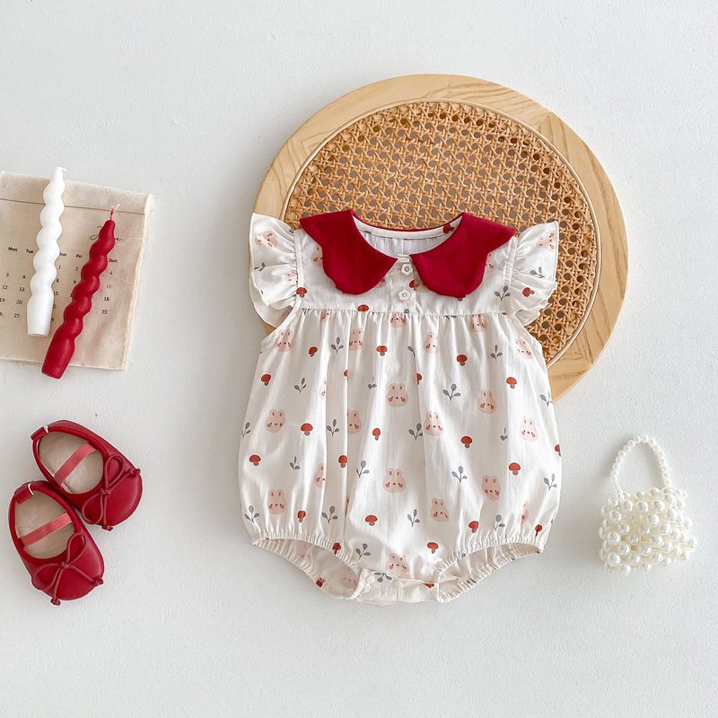 ins 夏新作 ベビー服 ピーターパン襟 ロンパース プリント カバーオール 可愛い 子供服 おしゃれ