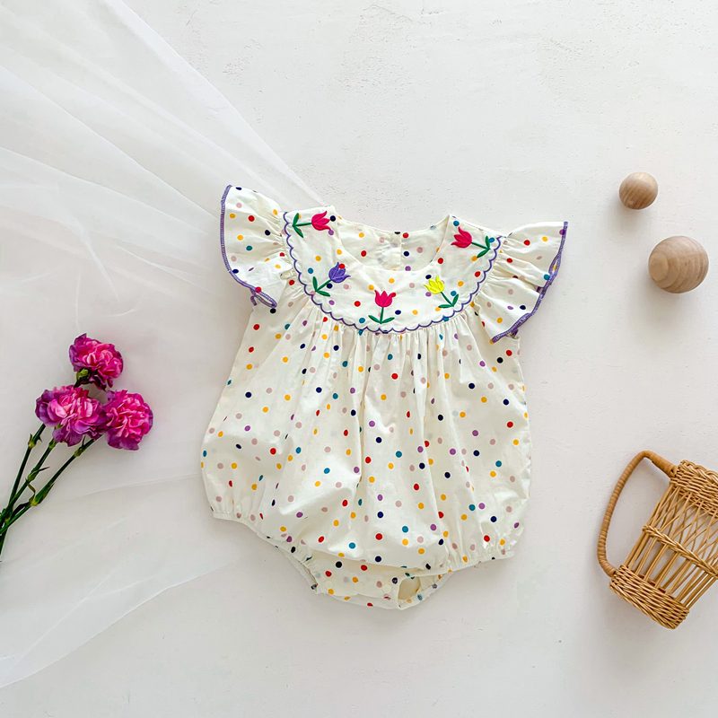 ins 夏新作　ベビー服　刺繍　ドット柄　ロンパース　カバーオール　可愛い　花柄　子供服 おしゃれ