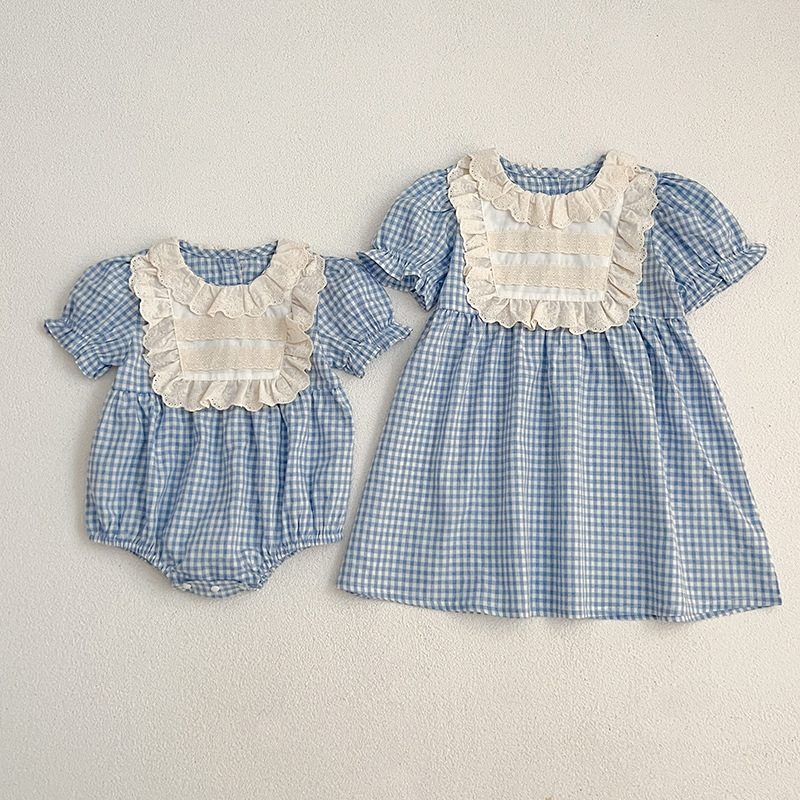 ins 夏新作　子供服　姉妹　レース　お揃い　選べる2タイプ　チェック柄　ロンパース　ワンピース　可愛い