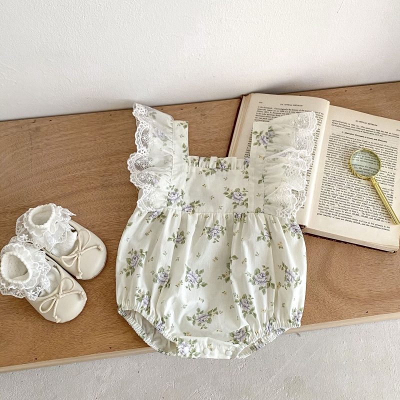 ins 夏新作　ベビー服　フラッタースリーブ　ロンパース　レース　カバーオール　可愛い　子供服　花柄