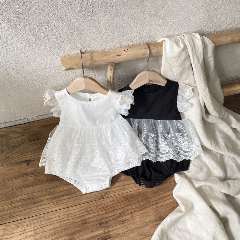 ins 夏新作　ベビー服　レースドッキング　ロンパース　丸い襟　女の子　可愛い　カバーオール　子供服