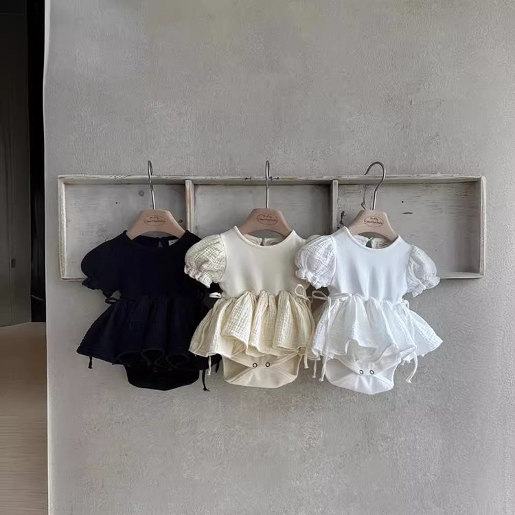ins 夏新作　ベビー服　切り替え　ロンパース　半袖　パフスリーブ　柔らか　カバーオール　可愛い　子供服