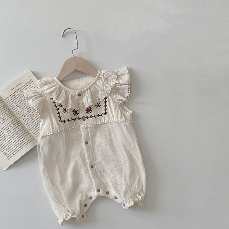 ins 夏新作 ベビー服 レース襟 ロンパース 刺繍花柄 女の子 おしゃれ カバーオール 可愛い 子供服