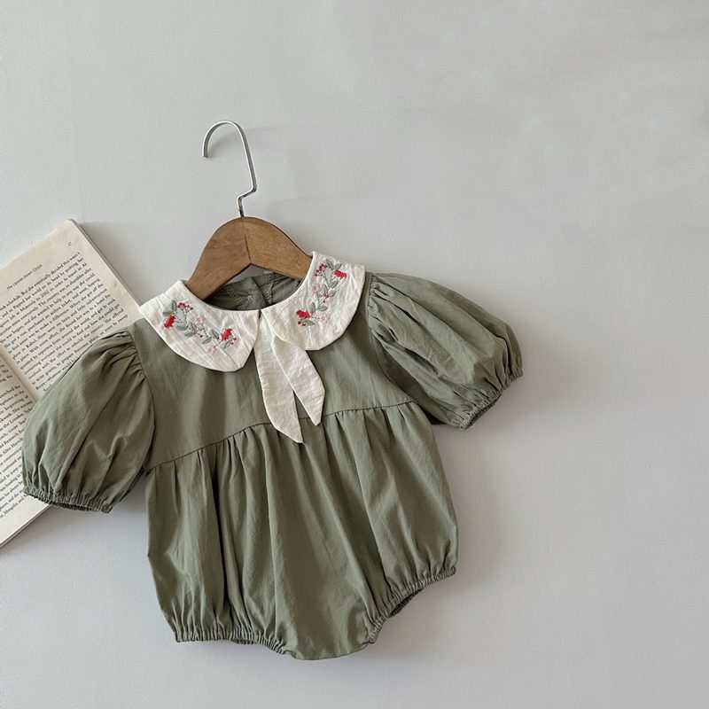 ins 夏新作　ベビー服　刺繍　ピーターパン襟　ロンパース　女の子　半袖　可愛い　子供服　おしゃれ