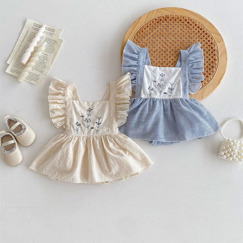 ins 夏新作　ベビー服　フラッタースリーブ　刺繍　花柄　ロンパース　女の子　可愛い　子供服　おしゃれ