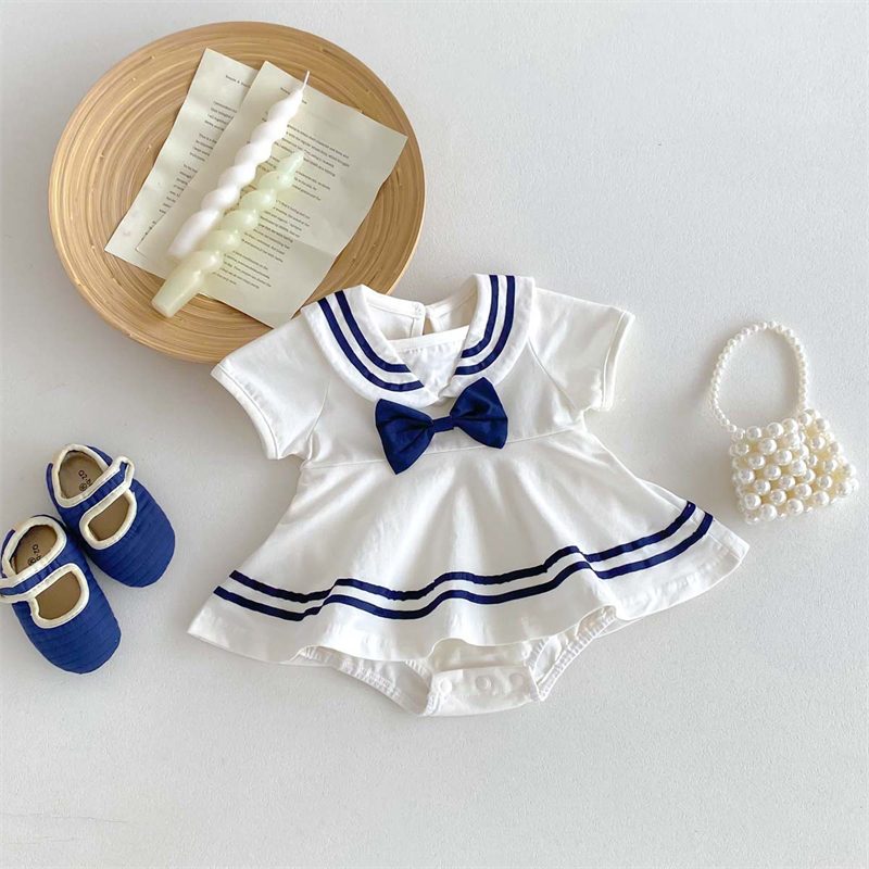 ins 夏新作　ベビー服　女の子　セーラーカラー　半袖　ロンパース　可愛い　リボン　おしゃれ　子供服
