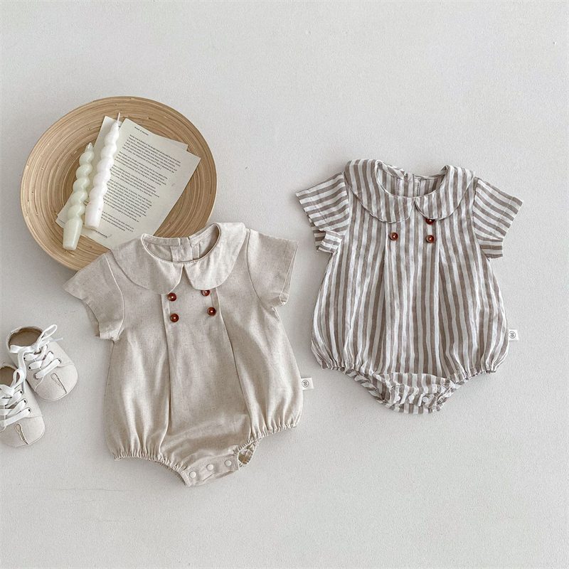 ins 夏新作 ベビー服 半袖 ロンパース 無地 ボーダー柄 プレッピースタイル 可愛い おしゃれ