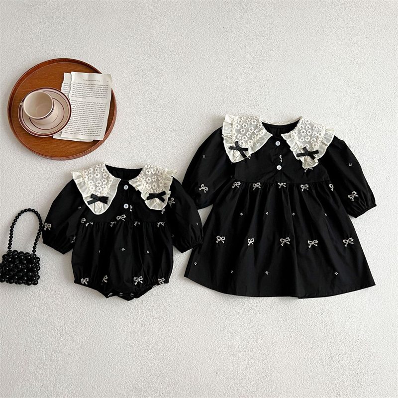 ins 秋新作 子供服 姉妹お揃い 選べる2タイプ 刺繍 ロンパース ワンピース 可愛い おしゃれ 長袖
