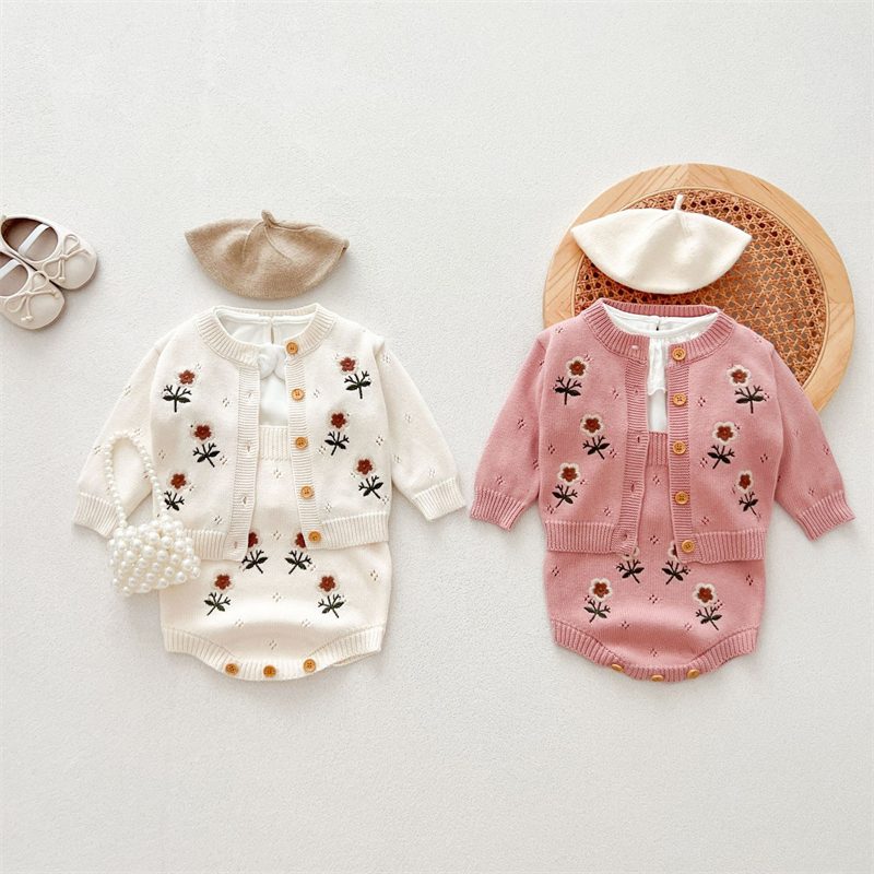 ins 秋新作 ベビー服 刺繍花柄 ニット ロンパース 可愛い 子供服 セーター カーディガン おしゃれ