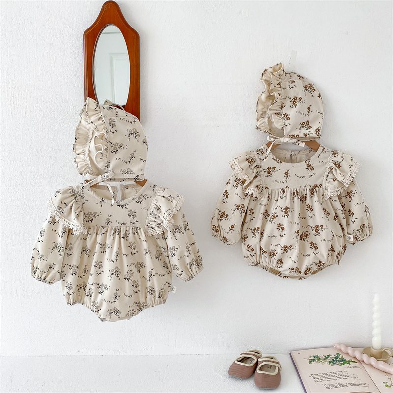 再入荷 秋 ベビー服 コーデュロイ ロンパース 花柄 ボンネット付き カバーオール 可愛い 子供服