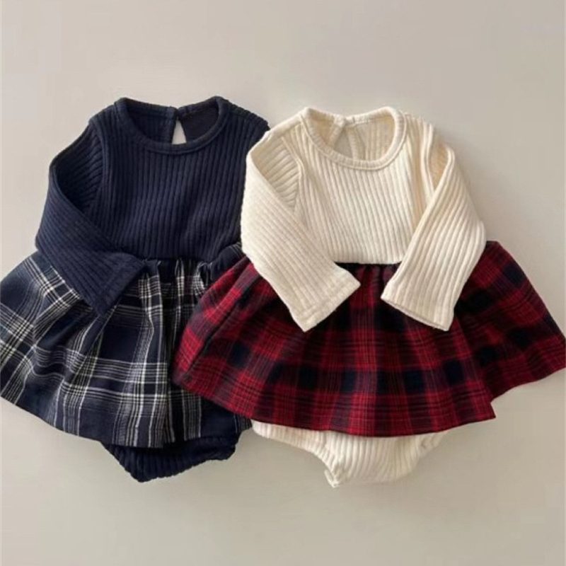 ins 秋新作 ベビー服 リブ 切り替え ロンパース 長袖 格子 柔らか カバーオール 可愛い 子供服