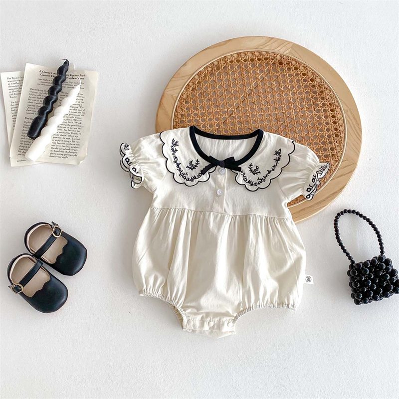 ins 夏新作　ベビー服　ピーターパン襟　半袖　ロンパース　刺繍　カバーオール　可愛い　子供服　おしゃれ