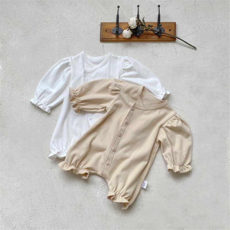 ins 秋新作　ベビー服　サイドオープン　長袖　ロンパース　女の子　カバーオール　可愛い　無地　子供服