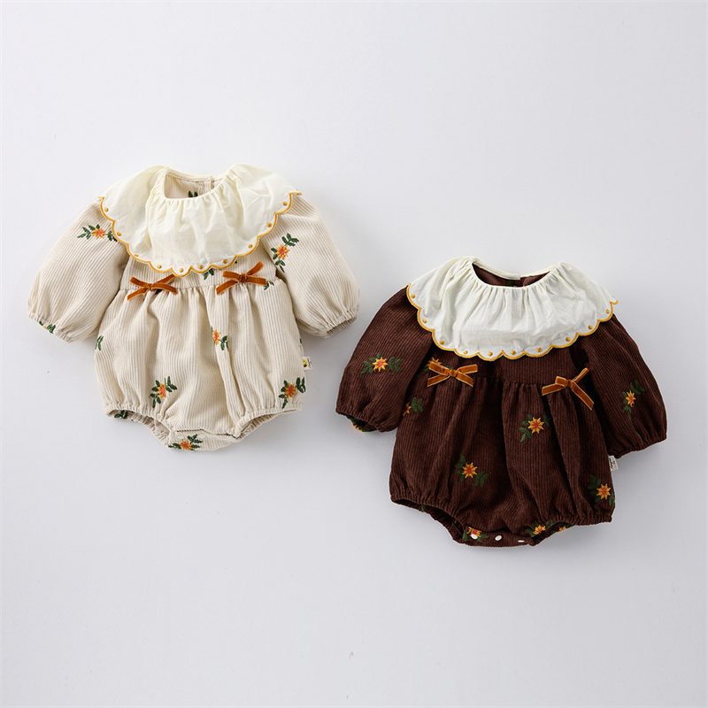 ins 秋新作 ベビー服 女の子 刺繍花柄 リボン付き 長袖 ロンパース 可愛い カバーオール 子供服