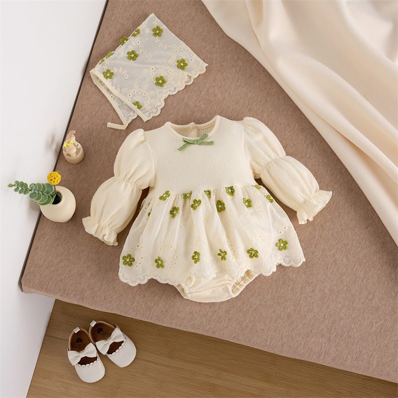ins 秋新作　ベビー服　刺繍花柄　ロンパース　ボンネット付き　カバーオール　可愛い　おしゃれ　子供服