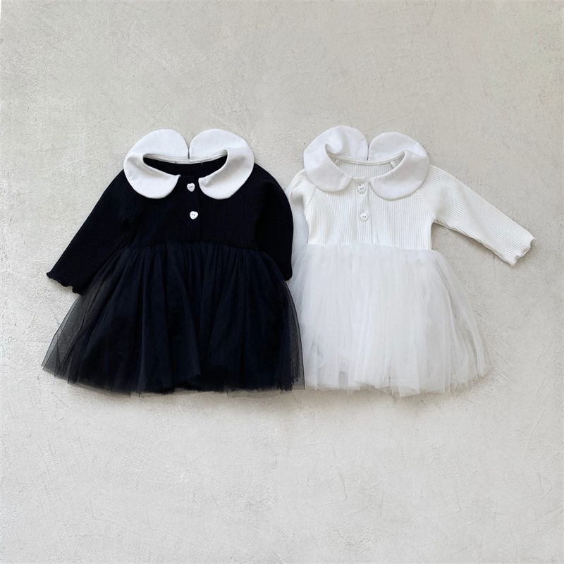 ins 秋新作　ベビー服　女の子　ピーターパンカラー　リブ　チュール　ロンパース　可愛い　おしゃれ