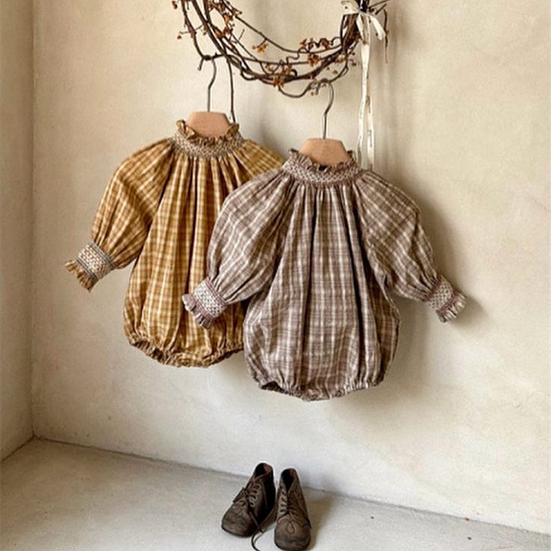 ins 秋新作 ベビー服 立ち襟 ロンパース チェック柄 カバーオール 可愛い 子供服 女の子 おしゃれ