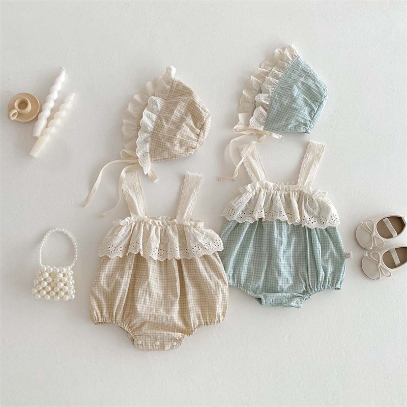 ins 夏新作 ベビー服 女の子 サロペット レース ロンパース 可愛い おしゃれ 子供服 帽子付き