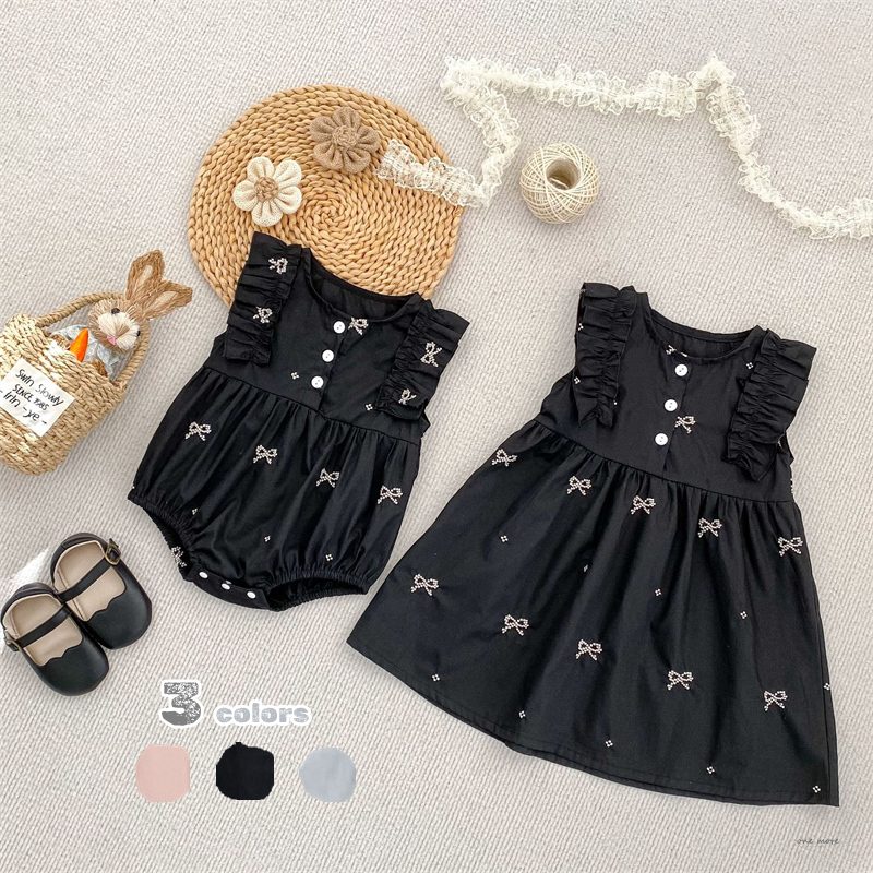ins 夏新作　子供服　姉妹お揃い　選べる2タイプ　刺繍　リボン柄　ロンパース　ワンピース　可愛い　3色