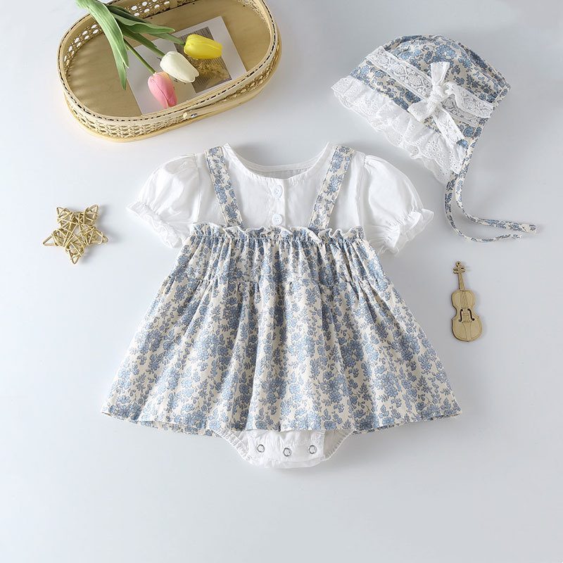 ins 夏新作　ベビー服　女の子　ボンネット付き　フェイクレイヤード　花柄　ロンパース　子供服　可愛い