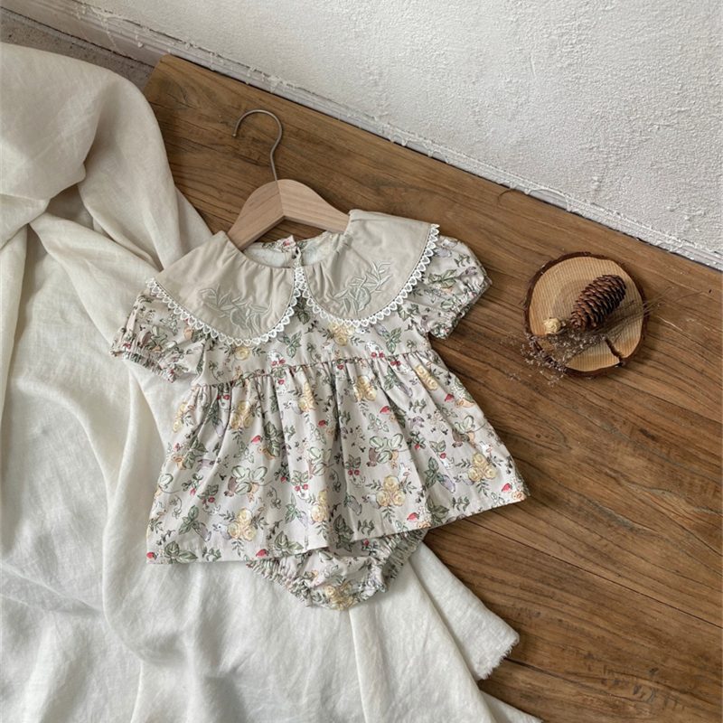 ins 夏新作　ベビー服　刺繍　ピーターパン襟　半袖　ロンパース　可愛い　花柄　カバーオール　子供服
