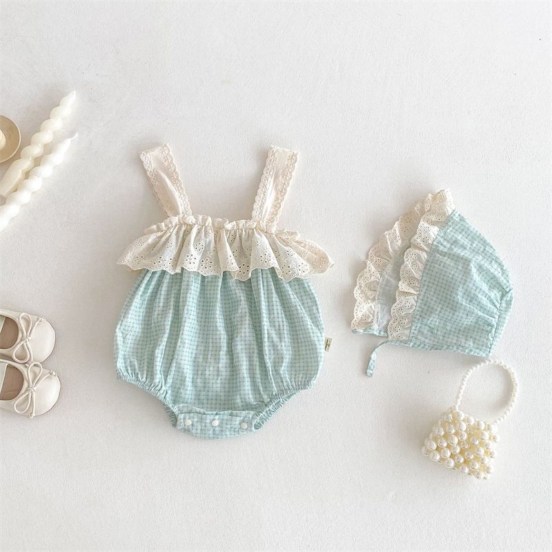 ins 夏新作　ベビー服　女の子　帽子付き　レース　サロペット　格子　ロンパース　可愛い　新生児　子供服