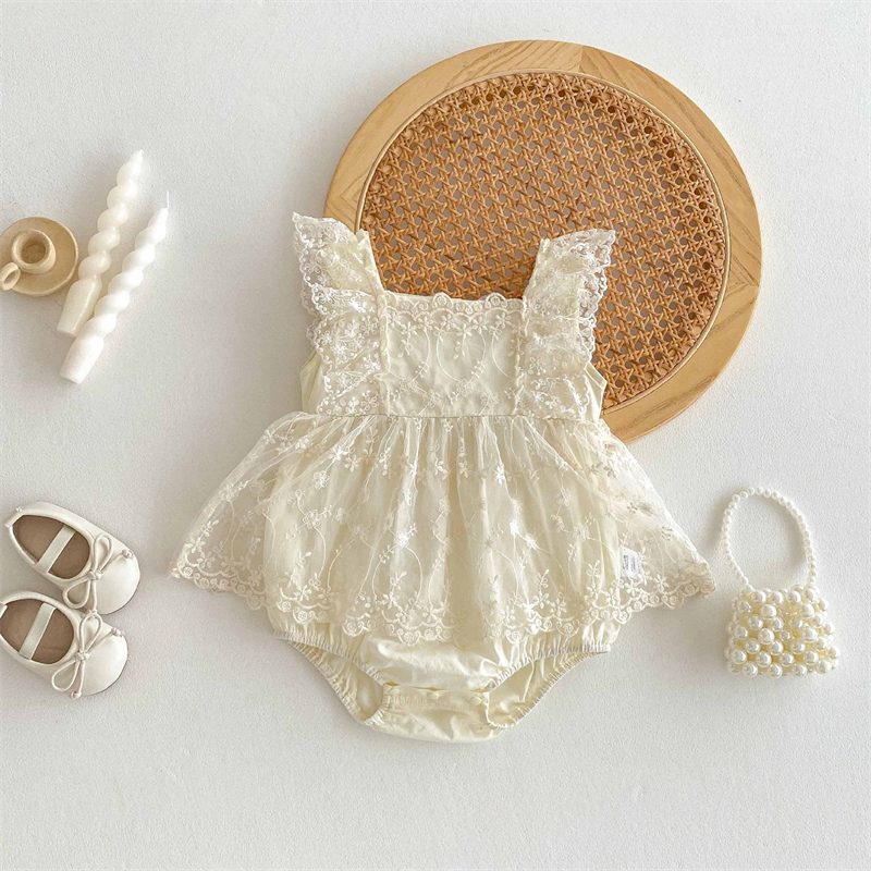 ins 夏新作　ベビー服　女の子　スクエアネック　レースドッキング　ロンパース　可愛い　子供服　おしゃれ