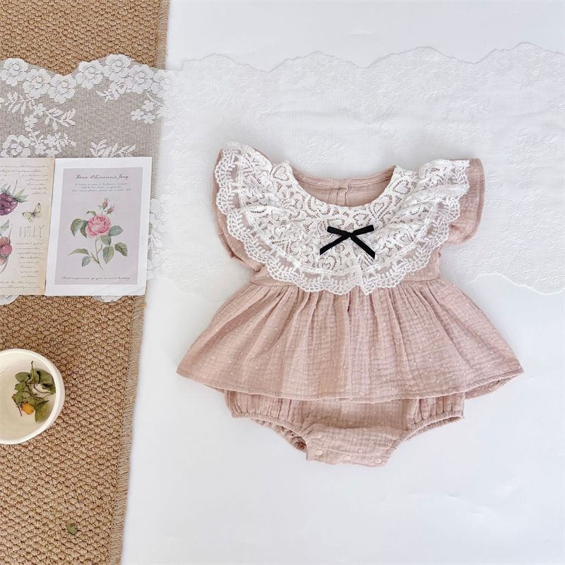 ins 夏新作　ベビー服　レース　フラッタースリーブ　ジャカード　ロンパース　女の子　可愛い　子供服