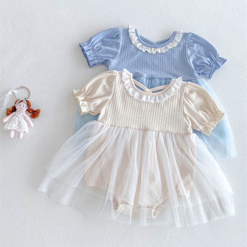 ins 夏新作　ベビー服　半袖　パフスリーブ　リブ　ロンパース　女の子　可愛い　チュール　2色　子供服