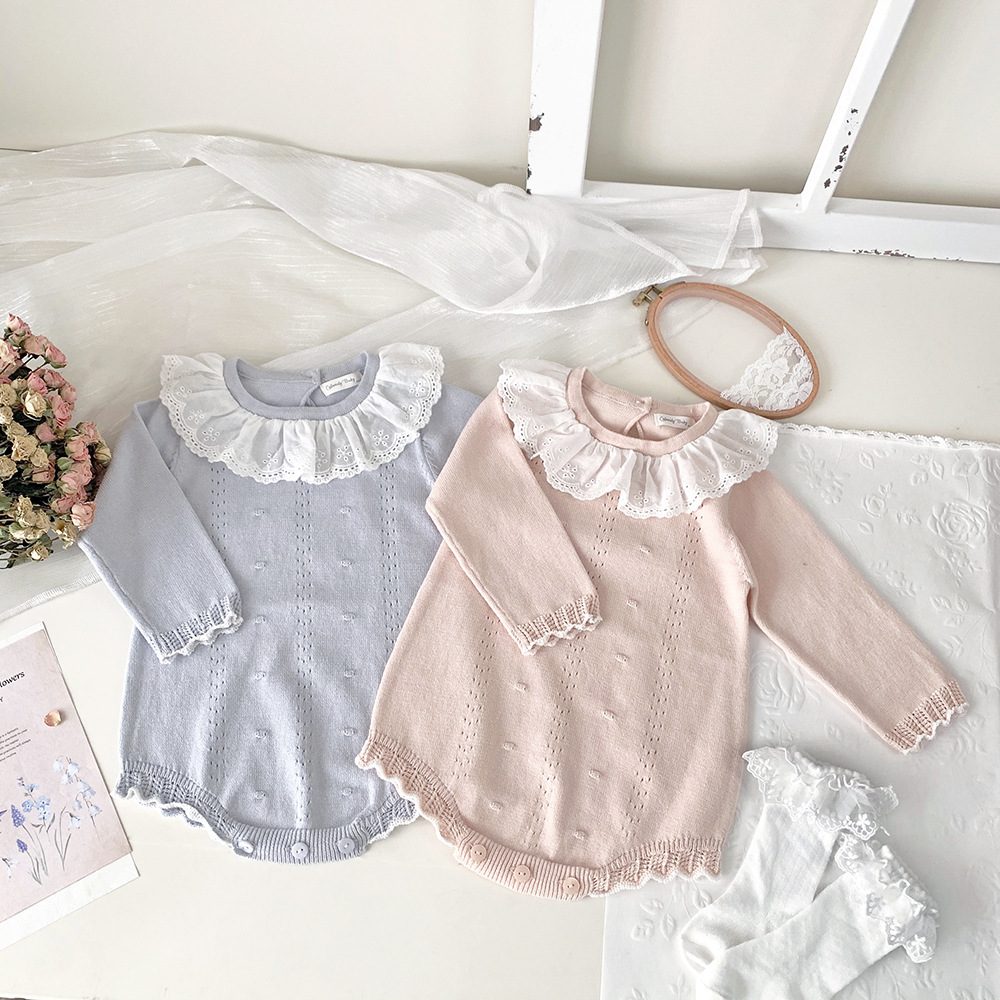 新作　ベビー服　女の子　レースカラー　ニット　ロンパース　ジャカード　長袖　可愛い　おしゃれ