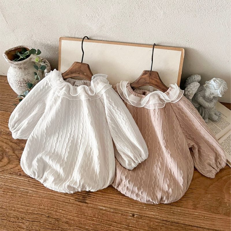 ins 秋新作　ベビー服　チュール　ラッフルカラー　ジャカード　ロンパース　女の子　可愛い　子供服　2色