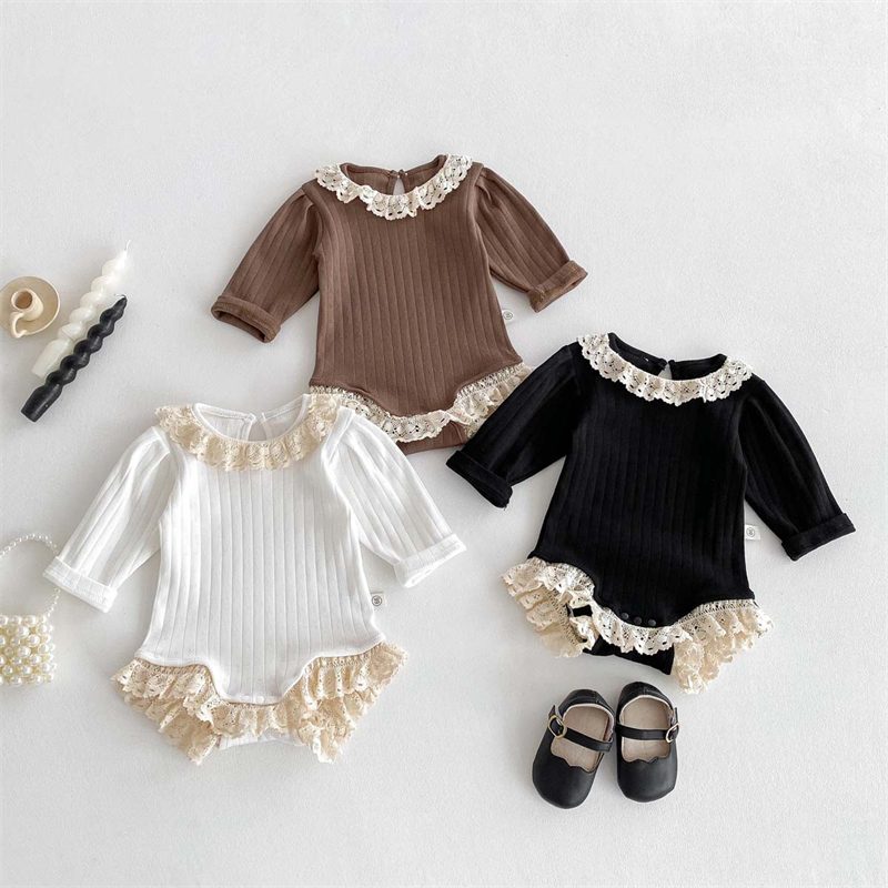 ins 秋新作　ベビー服　女の子　レースドッキング　リブ　長袖　ロンパース　可愛い　子供服　おしゃれ